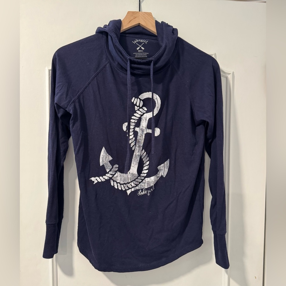 NWOT Lakegirl Lightweight Navy Blue Hoodie w/Cowl Neck Drawstring - Size L